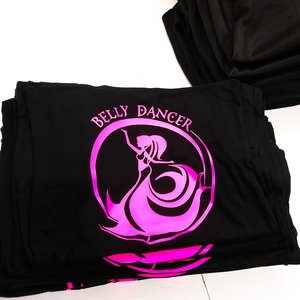 Photo of fluorescent pink Belly Dancer logo printed on back tops
