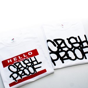 Photo of white t-shirts with Crush Proof branding