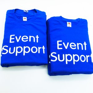 Photo of blue t-shirts with white Event Support print