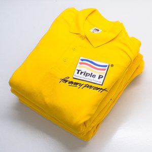 Photo of yellow polo shirts with Triple P logo printed on the breast